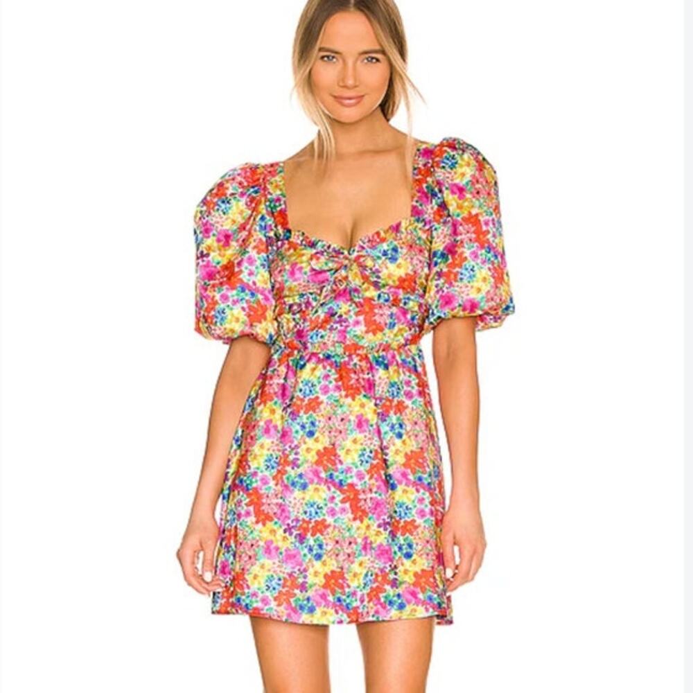For Love & Lemons Merrill Floral Puff Sleeve Mini Dress Size Small